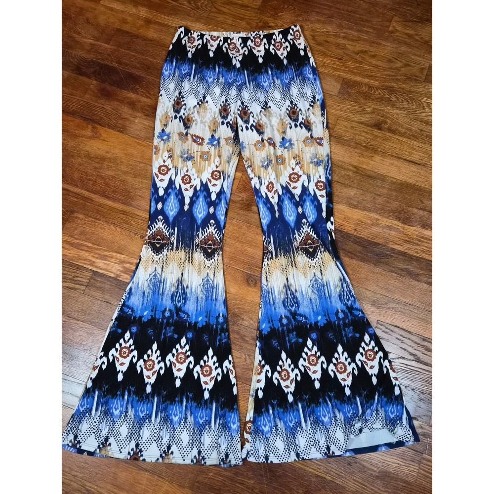 Cotton Bleu Boho Ikat Floral Bell Bottom Flare Pants Blue Black Medium #33074